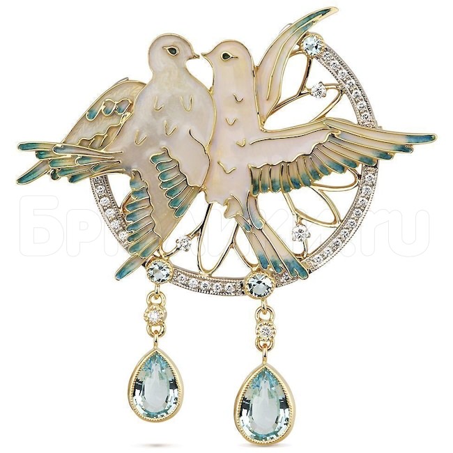 Брошь «Любовь и голуби» из белого золота с топазом и бриллиантами 00420