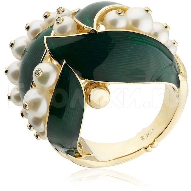 Кольцо «Ландыши» из желтого золота с жемчугом и бриллиантами 38274