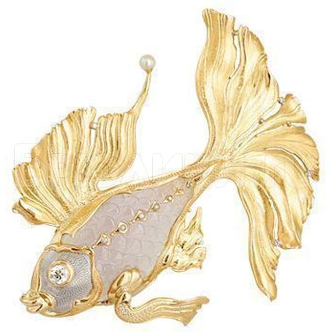 Брошь «Рыбка» из желтого золота с жемчугом, агатом и бриллиантами 61505