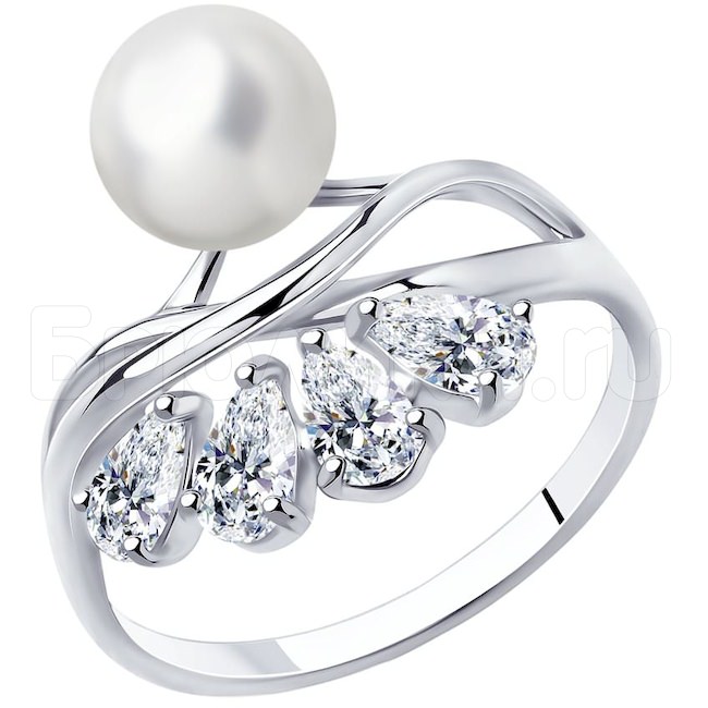 Кольцо из серебра с жемчугом и фианитами 94-110-00467-1