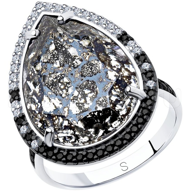 Кольцо из серебра с чёрным кристаллом Swarovski и фианитами 94012985