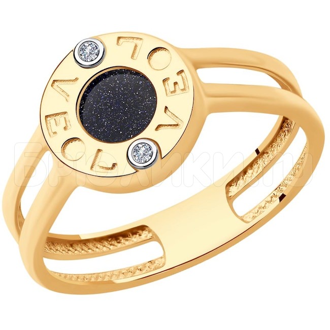 Кольцо из золота с родированием с бриллиантами и авантюрином 1012183