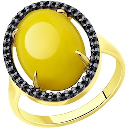 Кольцо из золочёного серебра с золочением и родированием с фианитами и янтарём 83010068