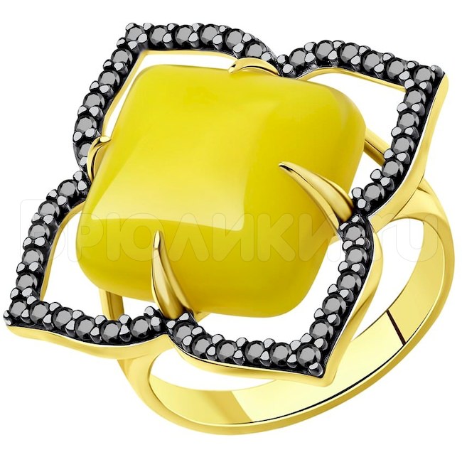 Кольцо из золочёного серебра с родированием с фианитами и янтарём 83010071
