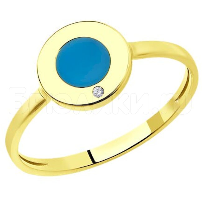 Кольцо из желтого золота с фианитом и эмалью 018945-2