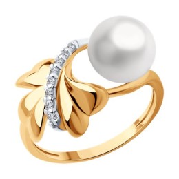 Кольцо из золочёного серебра с жемчугом и фианитами 92012159