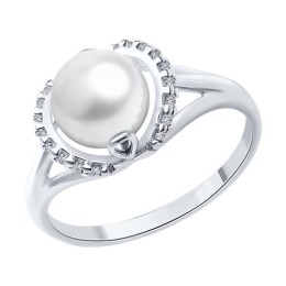 Кольцо из серебра с жемчугом и фианитами 92014195