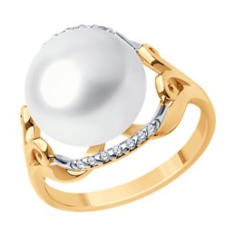 Кольцо из золочёного серебра с жемчугом и фианитами 92014248