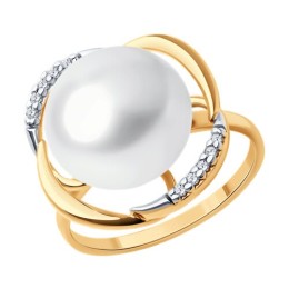 Кольцо из золочёного серебра с жемчугом и фианитами 92014271