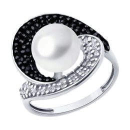 Кольцо из серебра с жемчугом и фианитами 92014291