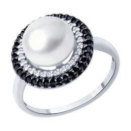 Кольцо из серебра с жемчугом и фианитами 92014293