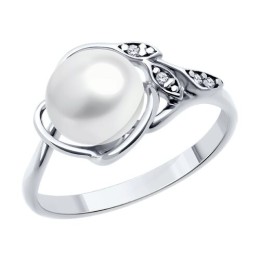 Кольцо из серебра с жемчугом и фианитами 92014449