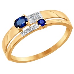 Кольцо из золота с синим корундом и синим фианитом 016937