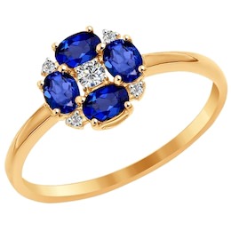 Кольцо из золота с синими корундами и фианитами 016967