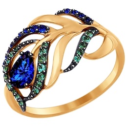 Кольцо из золота с зелеными и синими фианитами 017080