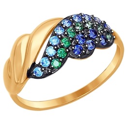 Кольцо из золота с зелеными, зелеными и синими фианитами 017270