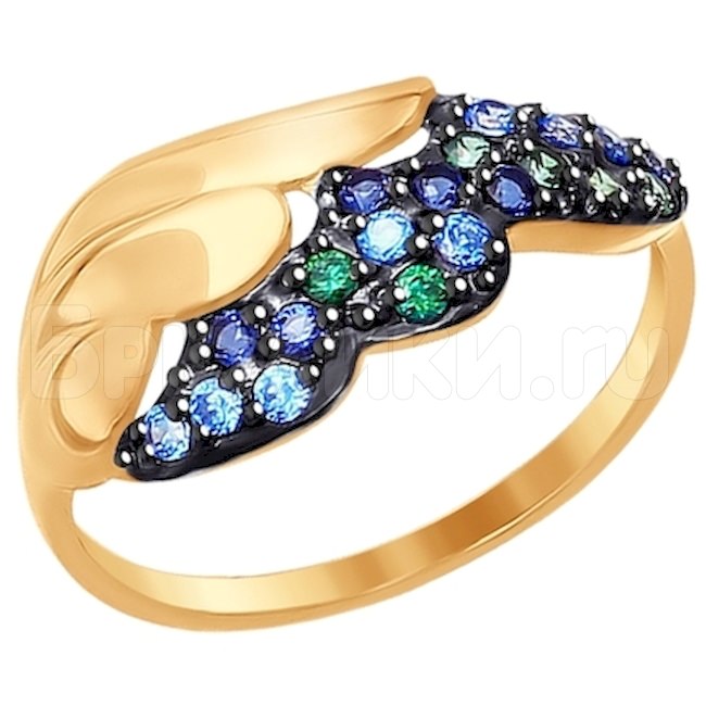 Кольцо из золота с зелеными и синими фианитами 017277