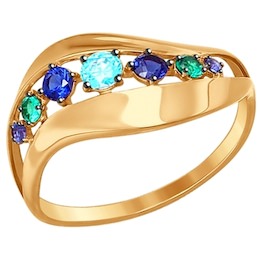 Кольцо из золота с зелёным, зелеными и синими фианитами 017283