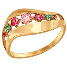 Кольцо из золота с розовыми, сиреневыми  и зелеными фианитами 017298