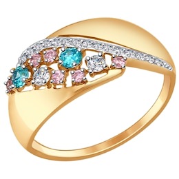 Кольцо из золота с зелёными, розовыми и бесцветными фианитами 017344