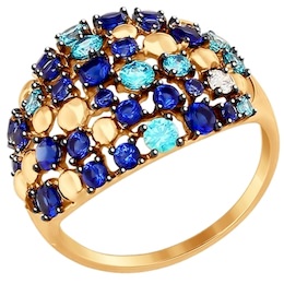 Кольцо из золота с бесцветным, зелеными и синими фианитами 017368