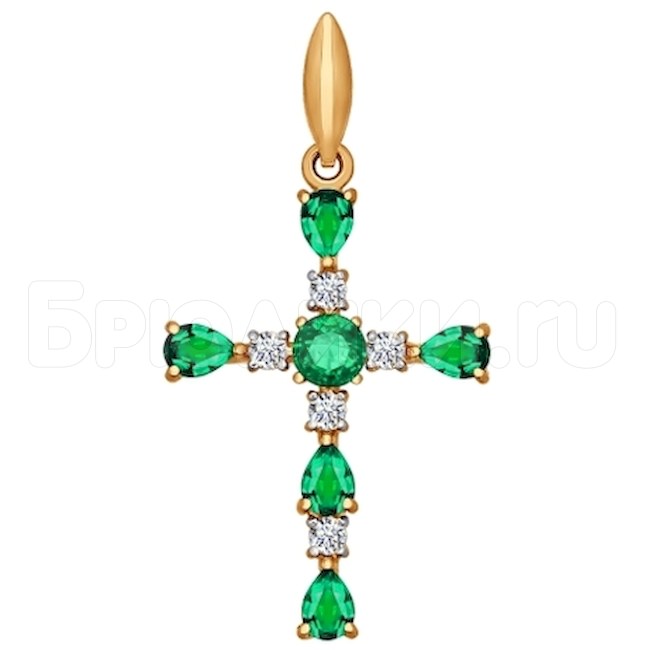 Крест из золота с зелеными фианитами 034778