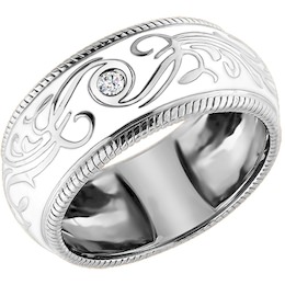 Кольцо с белой эмалью и бриллиантом выполненное из белого золота 1011193