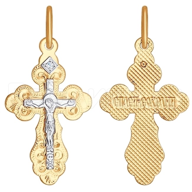 Крест из комбинированного золота с алмазной гранью с бриллиантом 1120092