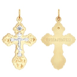 Крест из комбинированного золота с алмазной гранью с бриллиантом 1120093