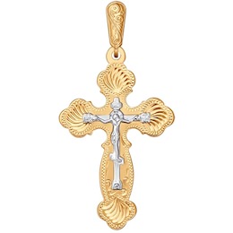 Крест из комбинированного золота с гравировкой 121014