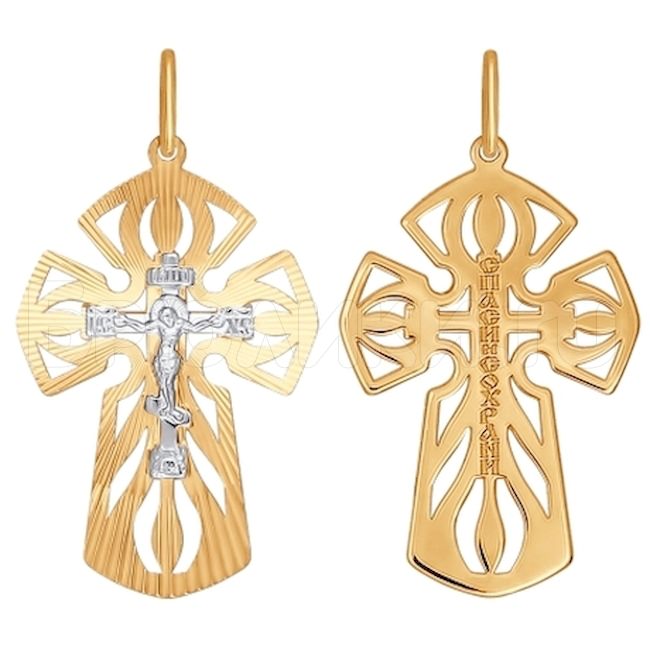 Крест из комбинированного золота с алмазной гранью 121385