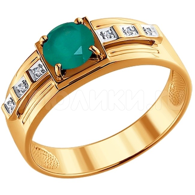 Печатка из золота с бриллиантами и зелёным агатом 6013043