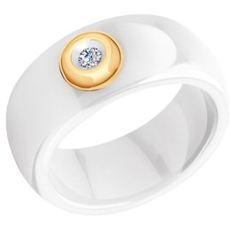 Белое керамическое кольцо с золотом и бриллиантом 6015013