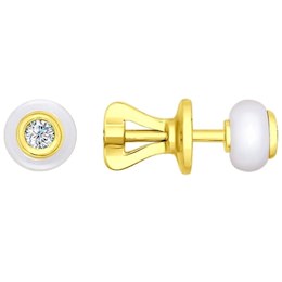 Серьги-пусеты из жёлтого золота с бриллиантами и керамикой 6025011