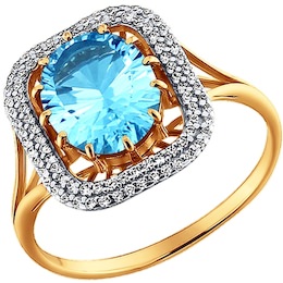 Кольцо из золота c крупным голубым кварцем и фианитами 713466