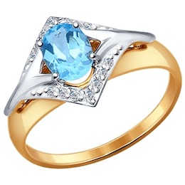 Кольцо из комбинированного золота с голубым топазом и фианитами 714463