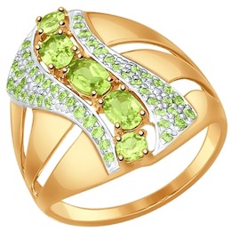 Кольцо из золота с зелёными фианитами и хризолитами 714524