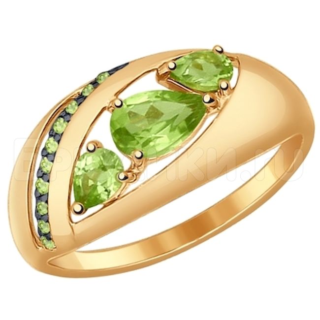 Кольцо из золота с хризолитами и зелеными фианитами 714539