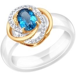 Белое керамическое кольцо с золотом и миксом камней 790011