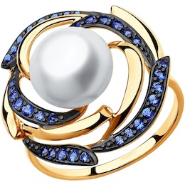 Кольцо из золота с жемчугом и синими фианитами 791018