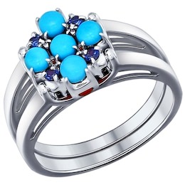Кольцо из серебра с бирюзой (синт.), кораллами, синими и красными фианитами 83010009