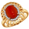 Кольцо из золочёного серебра с красным кораллом и фианитами 83010018