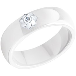 Кольцо из керамики с серебром и бриллиантом «Цветок» 87010006