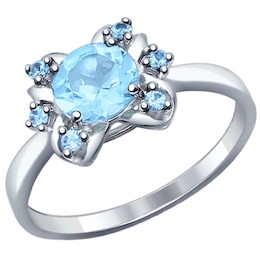Кольцо из серебра с голубым топазом и голубыми фианитами 92011241