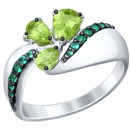 Кольцо из серебра с хризолитами и зелеными фианитами 92011288