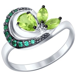 Кольцо из серебра с хризолитами и зелеными фианитами 92011292