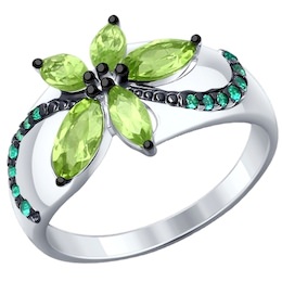 Кольцо из серебра с хризолитами и зелеными фианитами 92011305