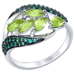 Кольцо из серебра с хризолитами и зелеными фианитами 92011364