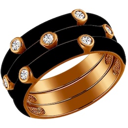 Трехрядное чёрное кольцо из золочёного серебра с эмалью 93010326