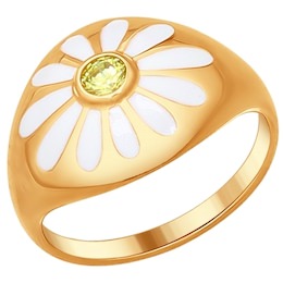 Кольцо из золочёного серебра с эмалью с фианитом «Ромашки» 93010571
